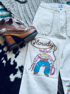 Turquoise have white howdy jeans 
