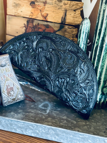 Hand tooled leather clutch