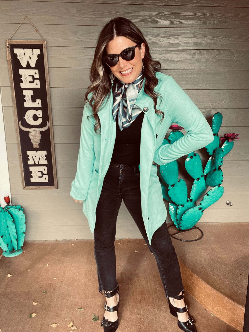 turquoise button up jacket