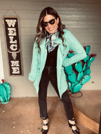 turquoise button up jacket