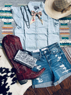 Denim flutter sleeve