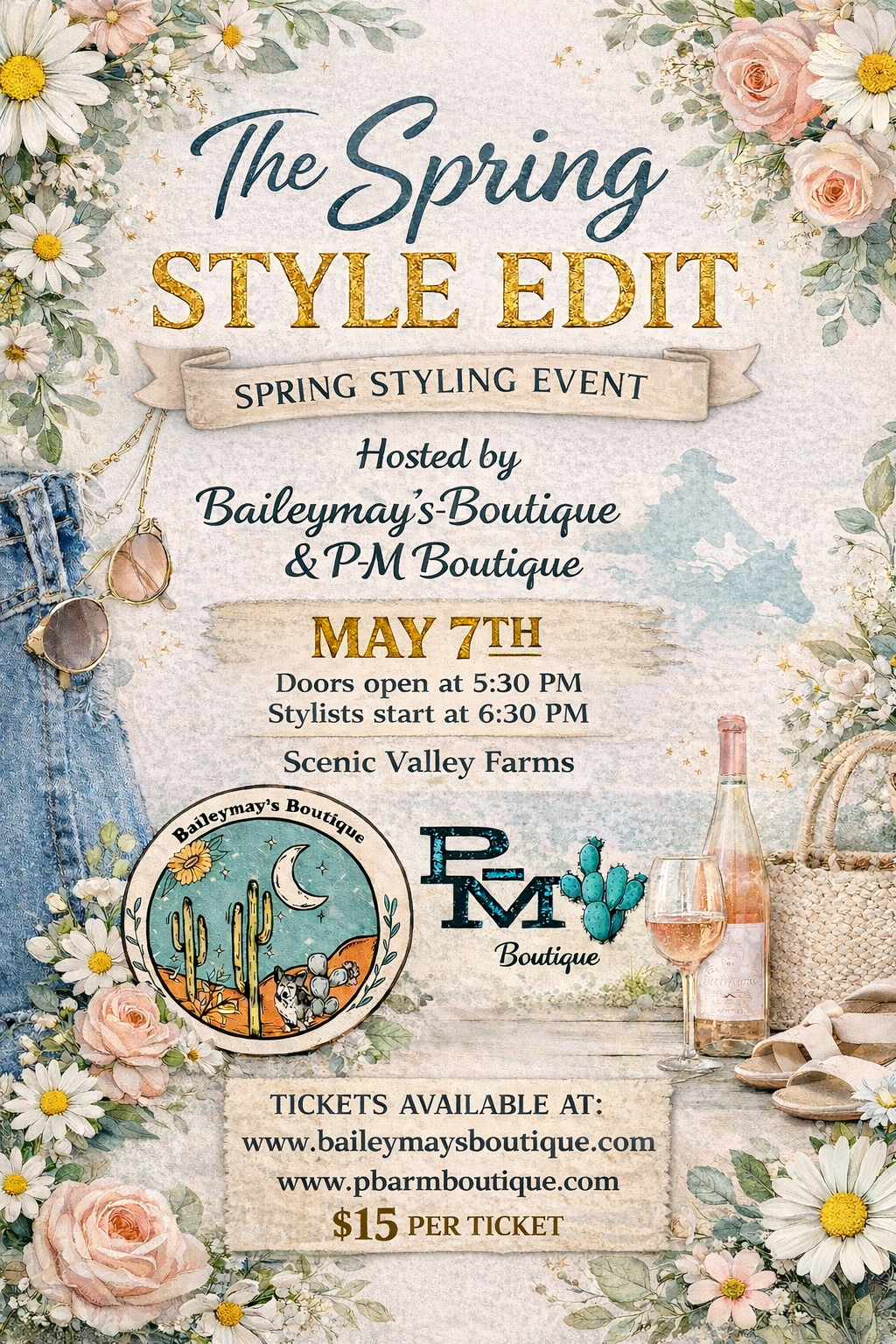Promotional flyer for 'The Spring Style Edit' event hosted by Baileymay's Boutique & PM Boutique with floral and fashion-themed design.