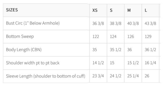 Measurement chart for clothing sizes XS, S, M, L with various dimensions.
