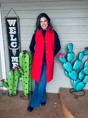 Long red puffer vest for holidays