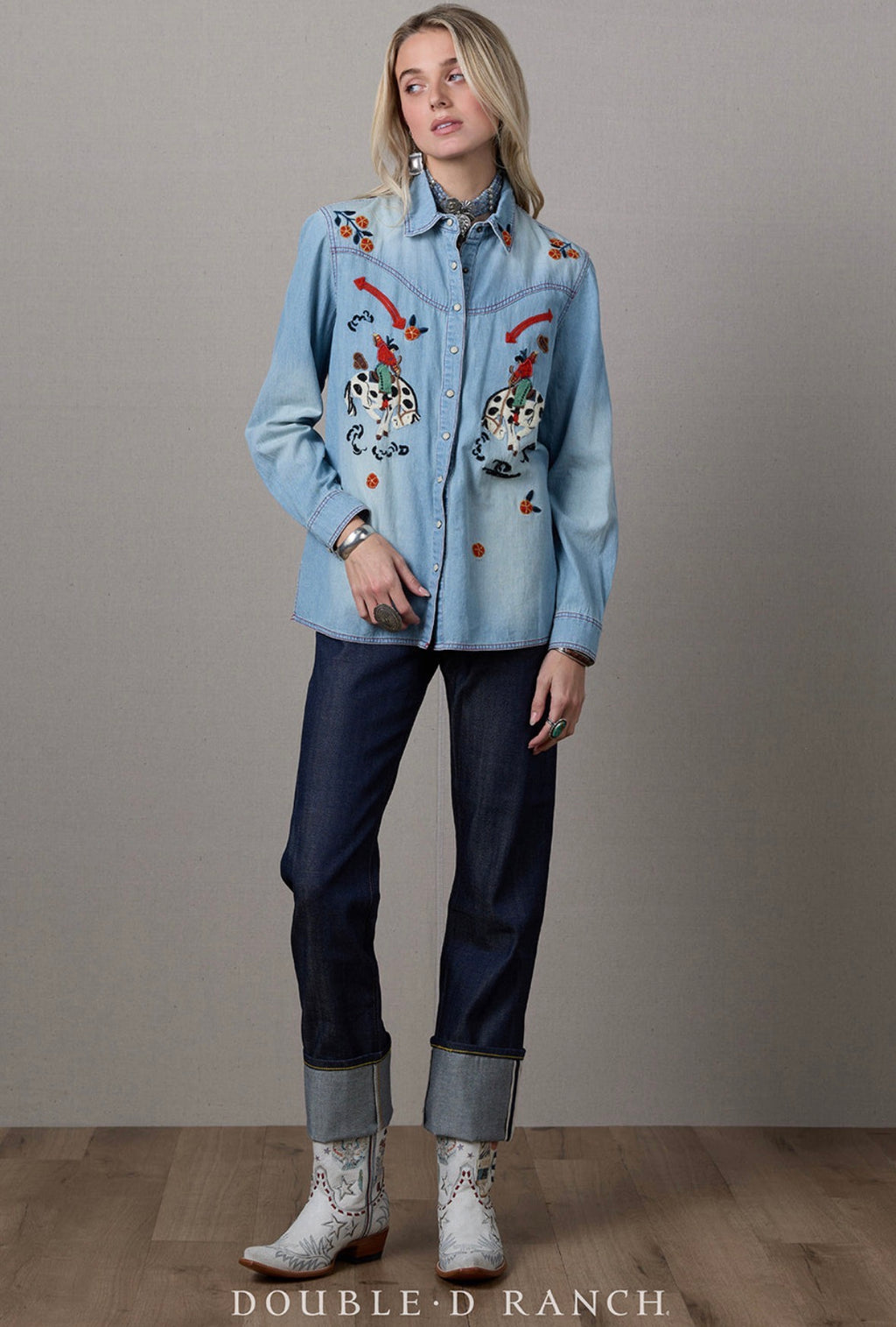 Double d ranch embroidered denim top