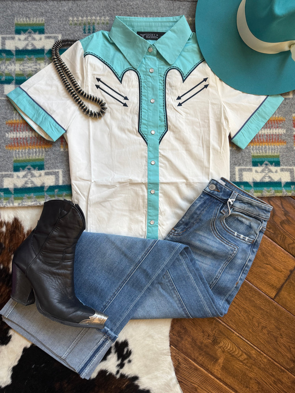 Turquoise and cream smiley pocket shirt 