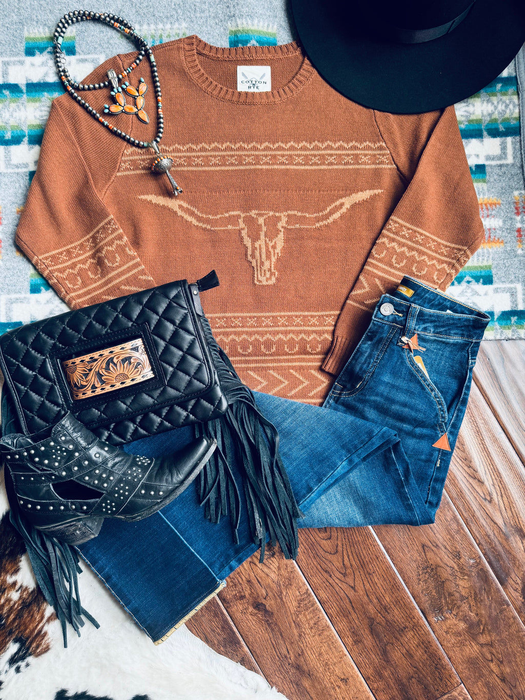 Cotton and rye steer head sweater 